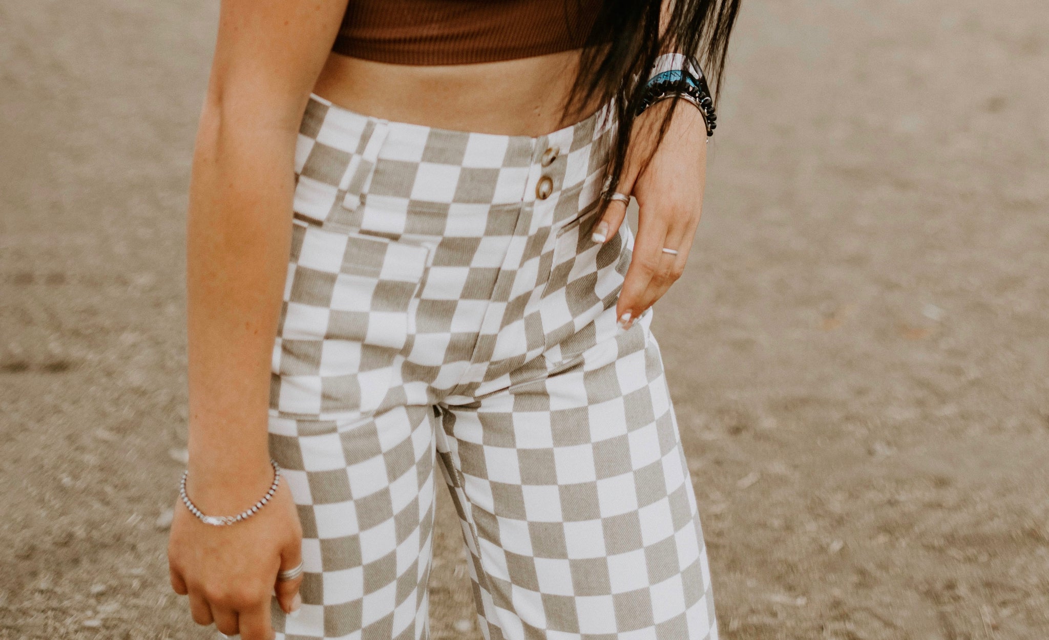 Black & White Gingham Pants Outfit — bows & sequins